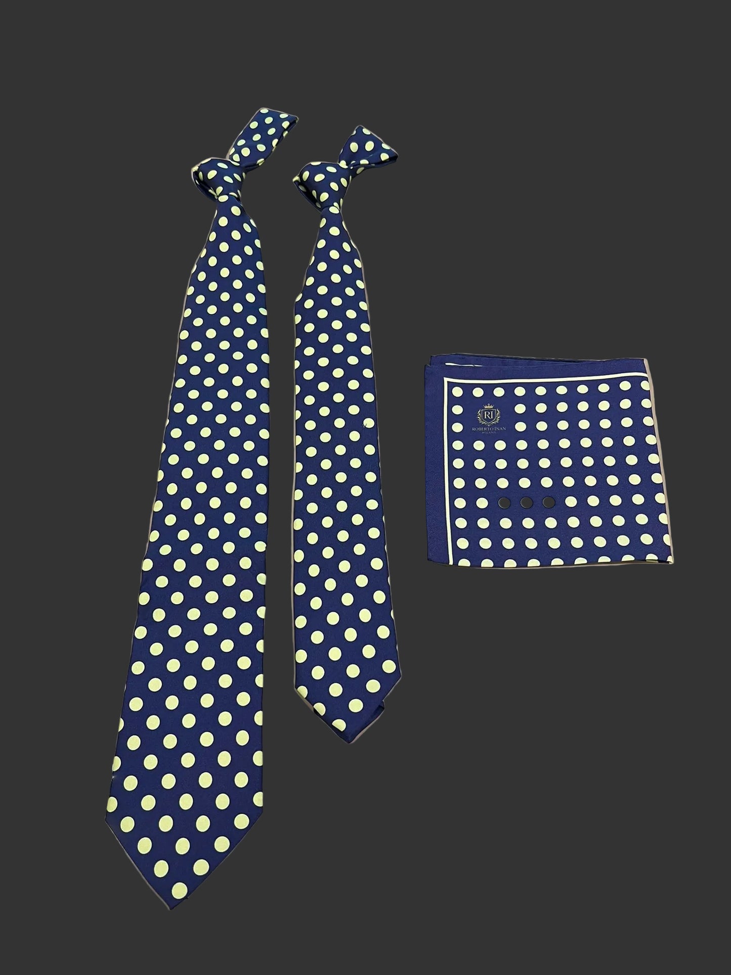 Seidenkrawatte Marineblau mit hellgelben Punkten (mit Einstecktuch)