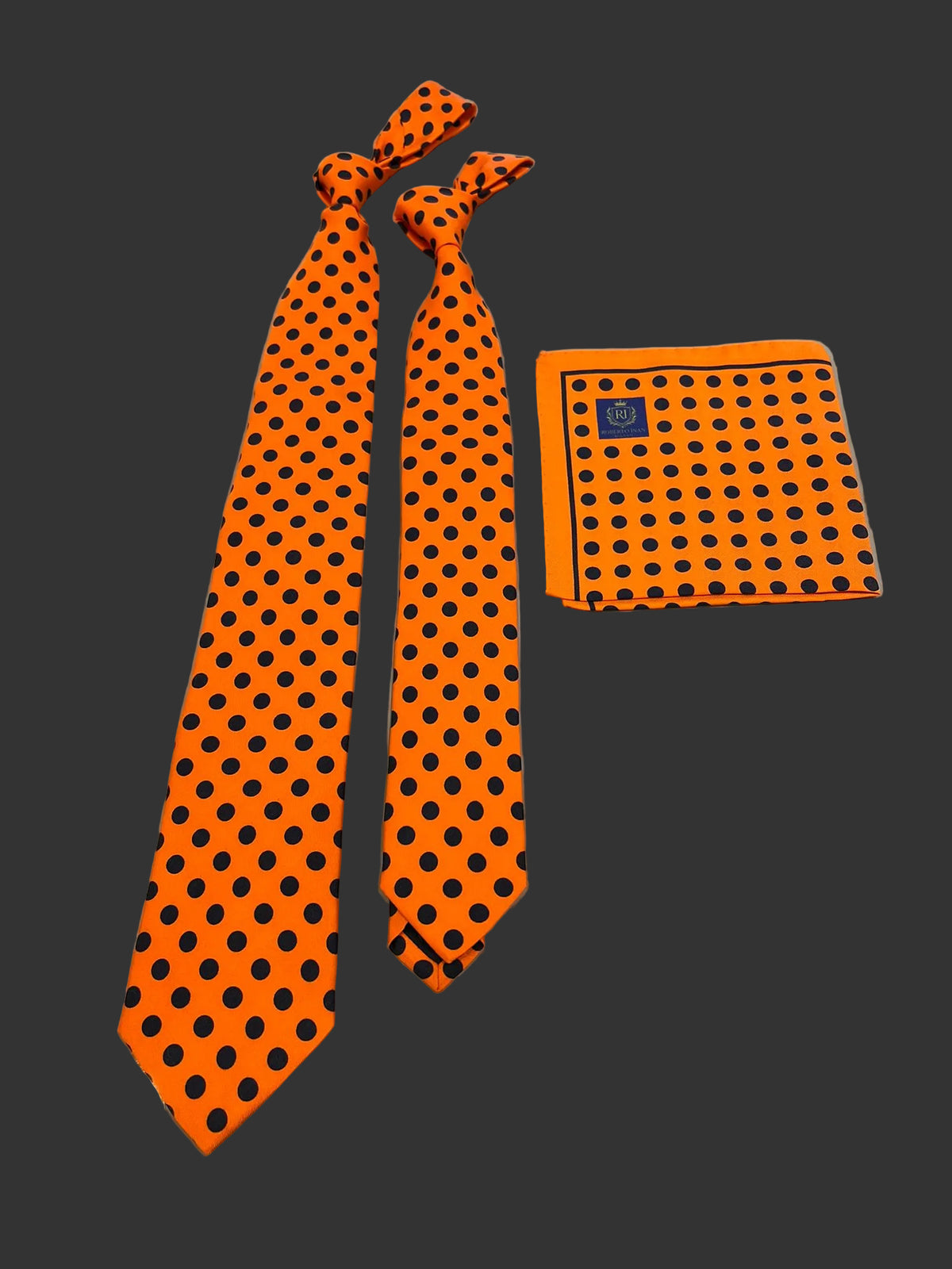 Seidenkrawatte Orange mit schwarzen Punkten (mit Einstecktuch)