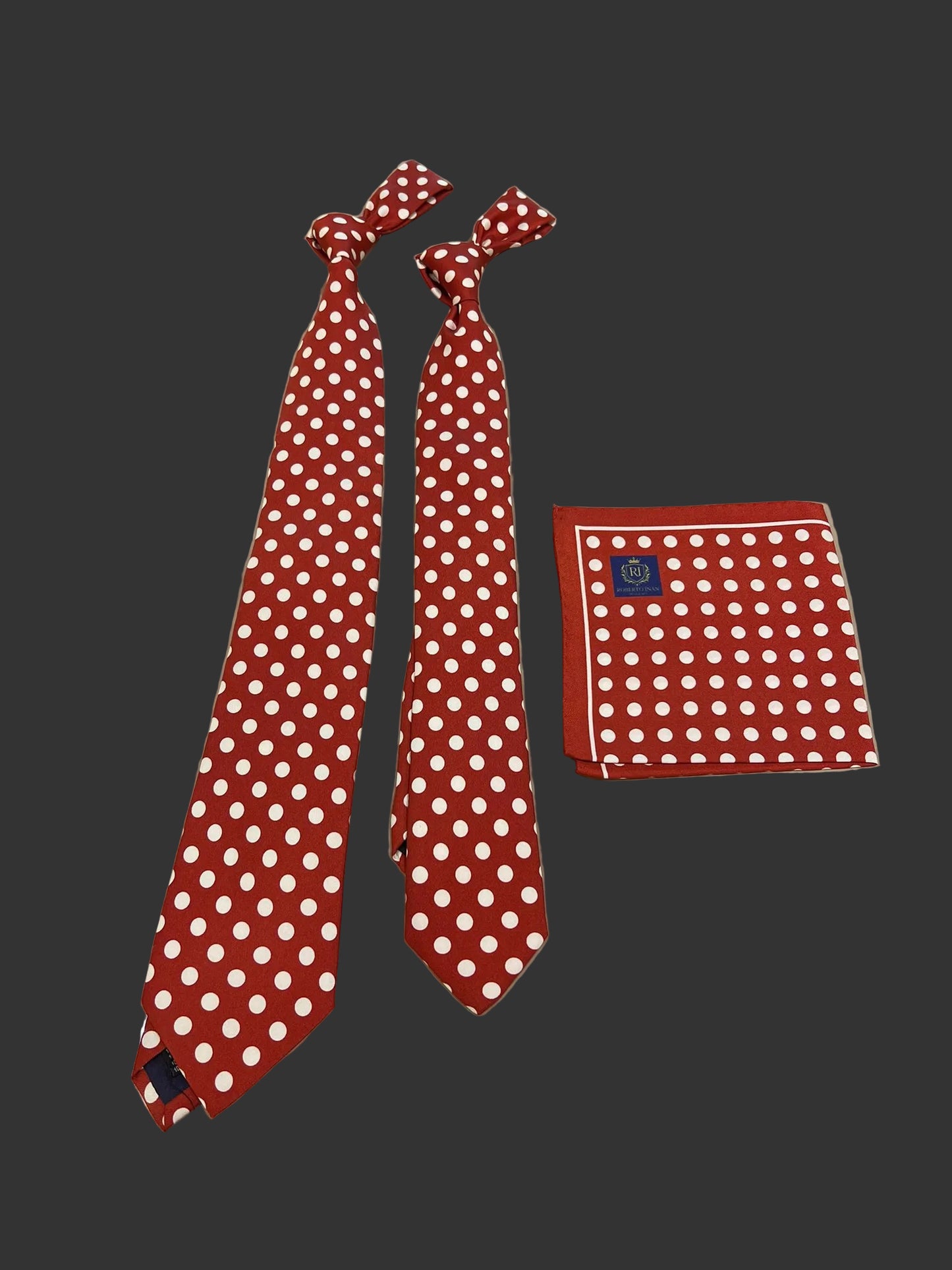 Seidenkrawatte Rot mit weißen Punkten (mit Einstecktuch)