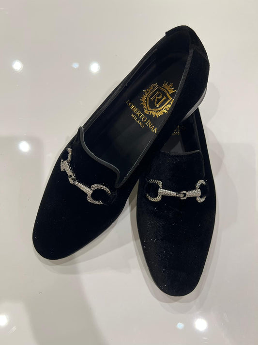 Smoking-Loafer Samt Schwarz mit Kristall-Trense