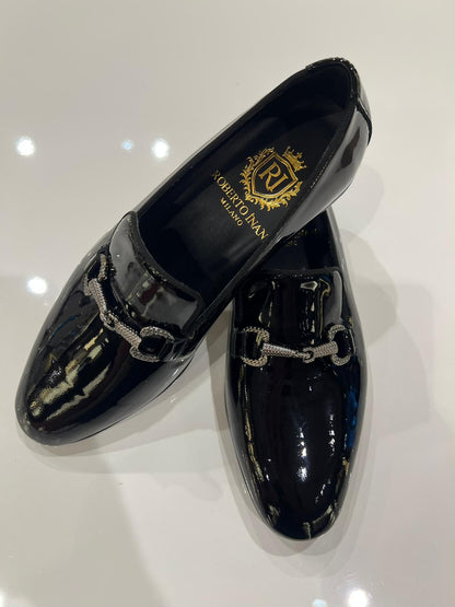 Smoking-Loafer Lack Schwarz mit Kristall-Trense
