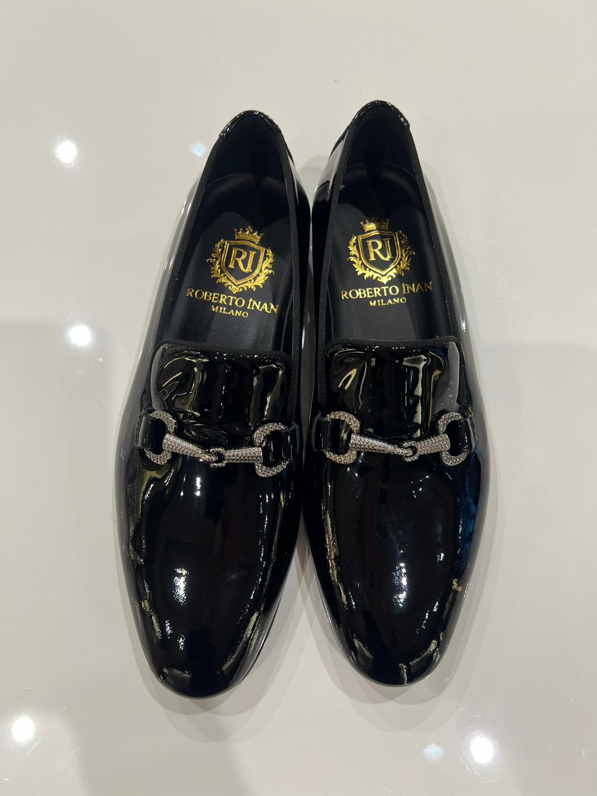 Smoking-Loafer Lack Schwarz mit Kristall-Trense
