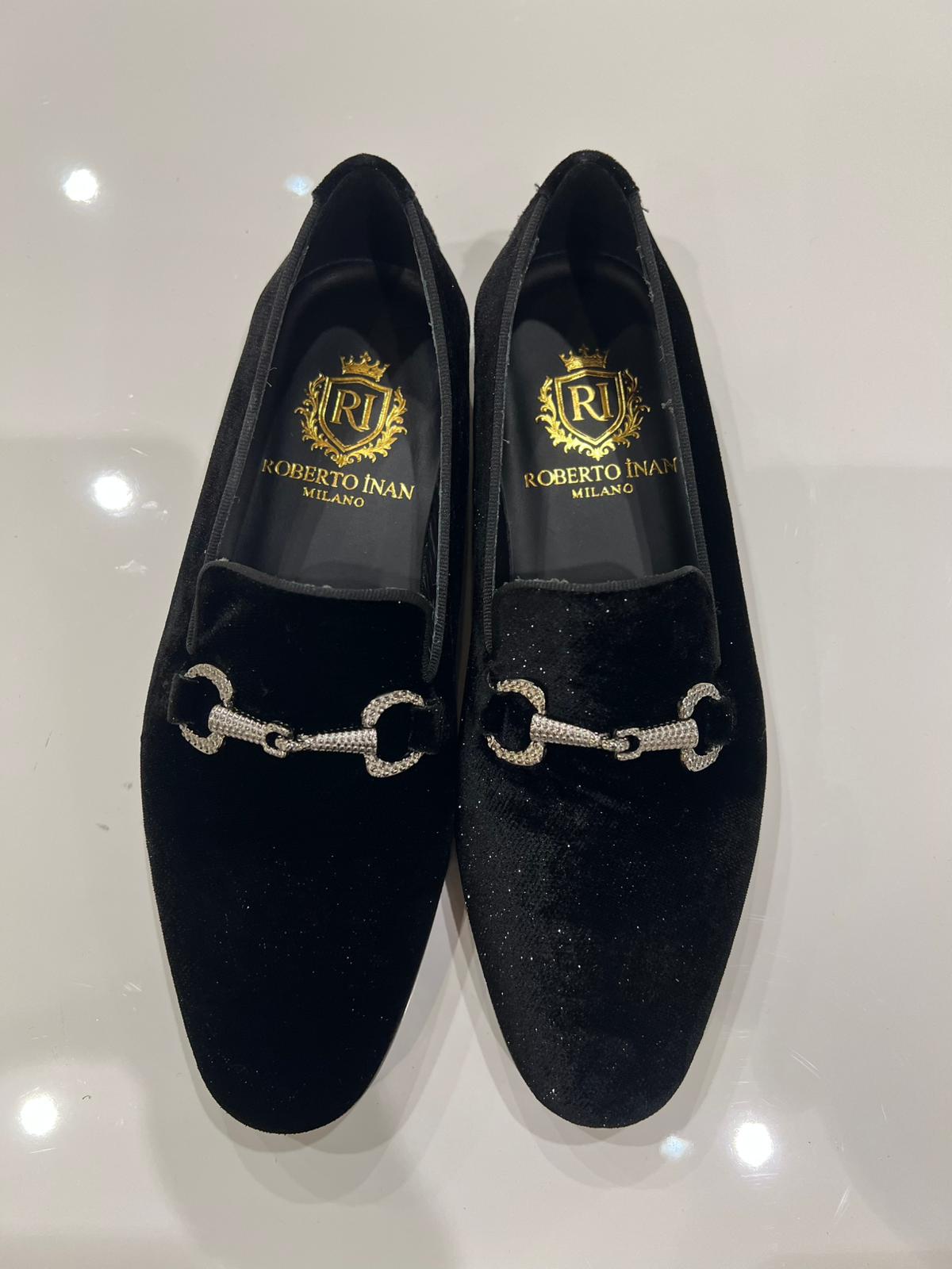 Smoking-Loafer Samt Schwarz mit Kristall-Trense
