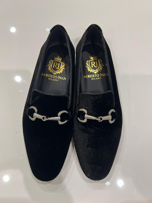 Smoking-Loafer Samt Schwarz mit Kristall-Trense