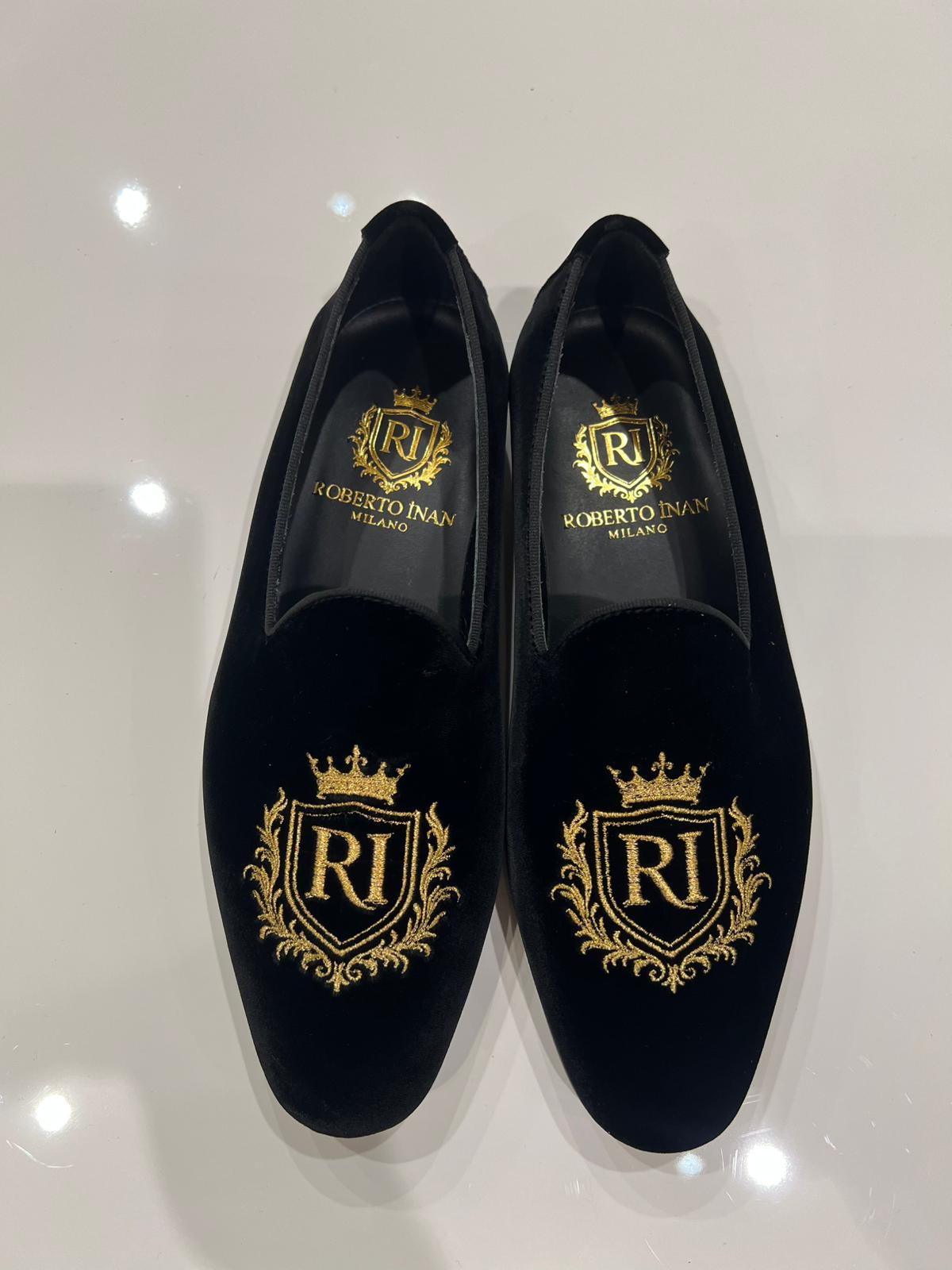 Smoking-Loafer Schwarz mit Wappen-Stickerei Gold