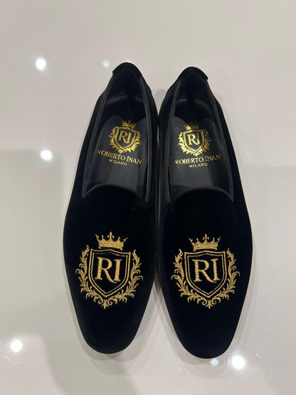 Smoking-Loafer Schwarz mit Wappen-Stickerei Gold